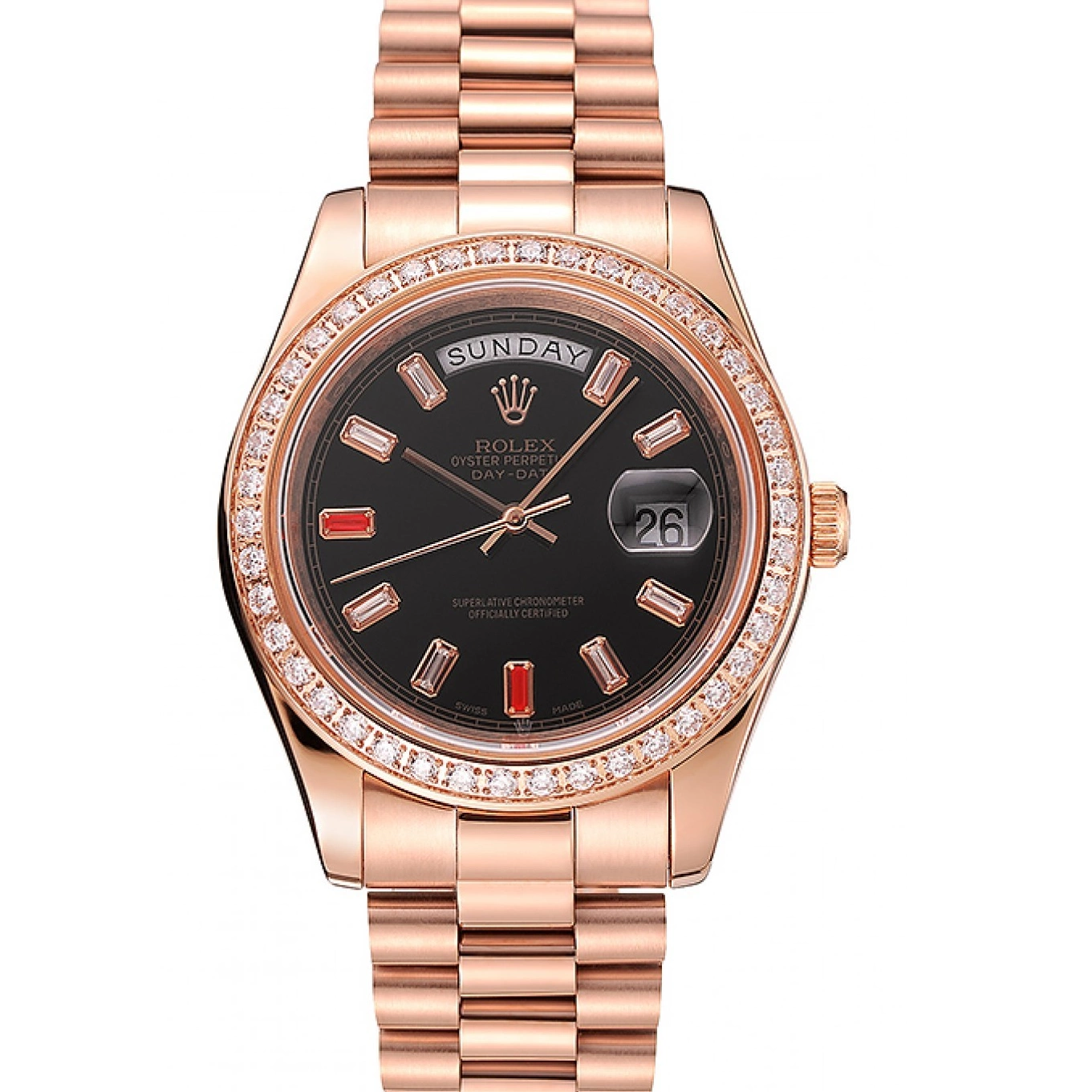 Rolex Dial Rose Diamonds Bracelet Gold Day-Date Rubies Black And 1454102 Swiss 0805